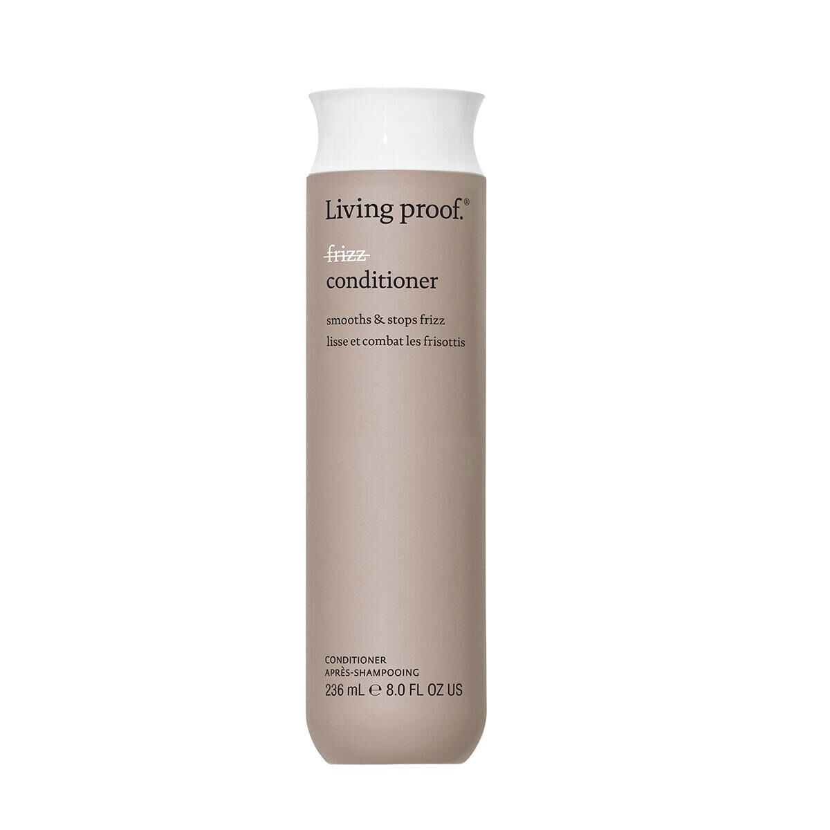 Living Proof No Frizz Conditioner 8 oz bottle with beige label and white cap, front view.