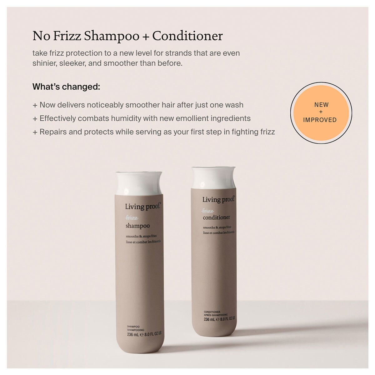 Two beige cylindrical bottles with white caps labeled Living Proof shampoo and conditioner, displayed against a neutral ba...