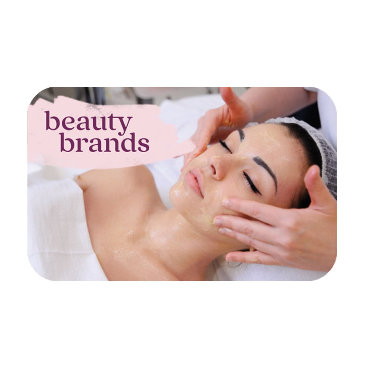 Beauty Brands 1 Hour Facial Gift Card featuring a woman receiving a facial treatment with text overlay on pink background.