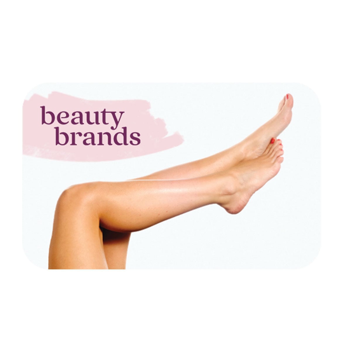 Beauty Brands logo on pink brushstroke with smooth, bare legs and feet displayed against white background.