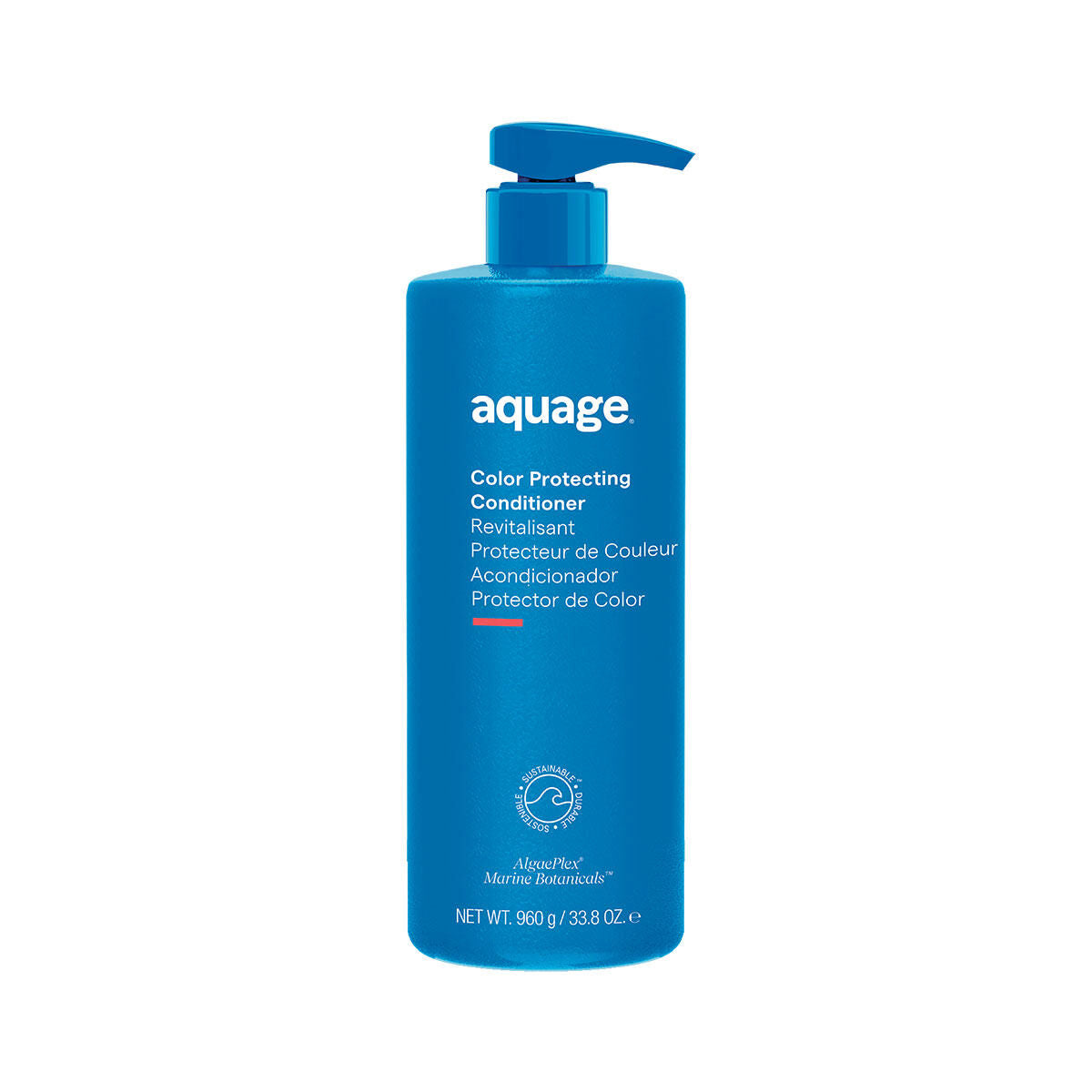 Blue pump bottle of Aquage Color Protecting Conditioner, 33.8 oz, displayed against white background.