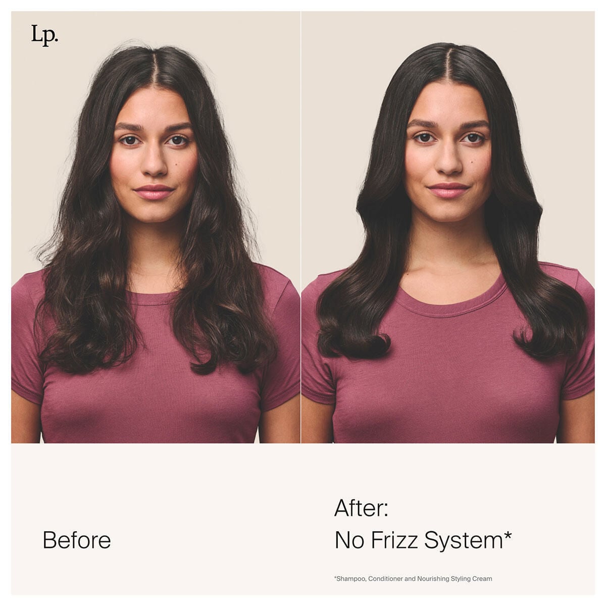 Before and after comparison showing woman with long dark hair in burgundy shirt; left side shows wavy hair, right side sho...