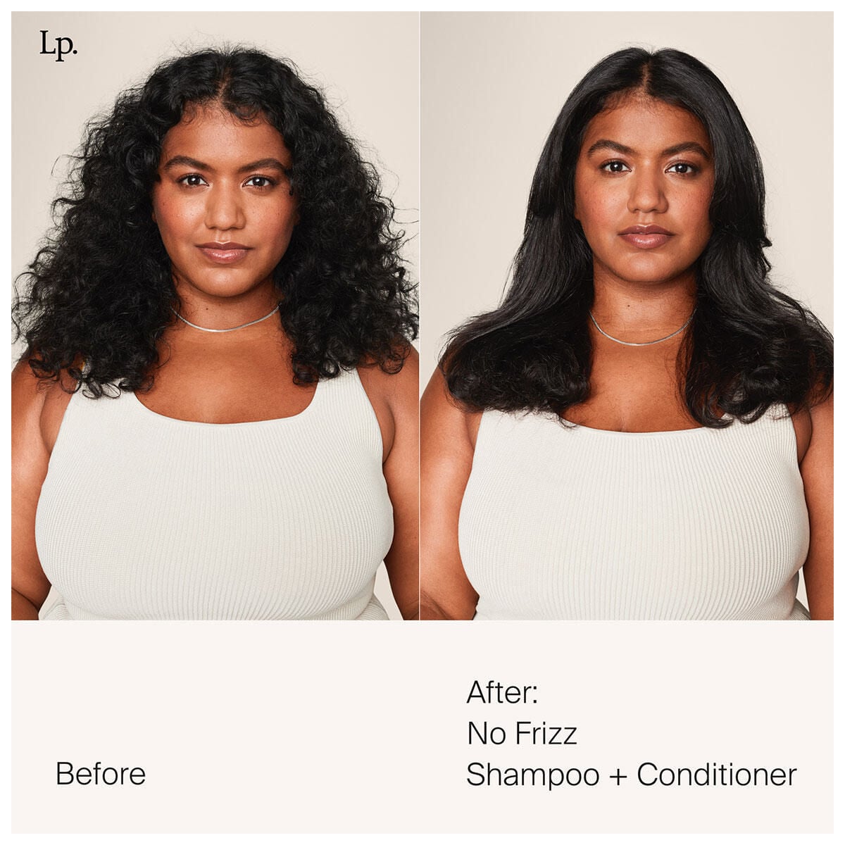 Before and after comparison showing curly hair transformed to smooth, straight hair using No Frizz Shampoo and Conditioner.