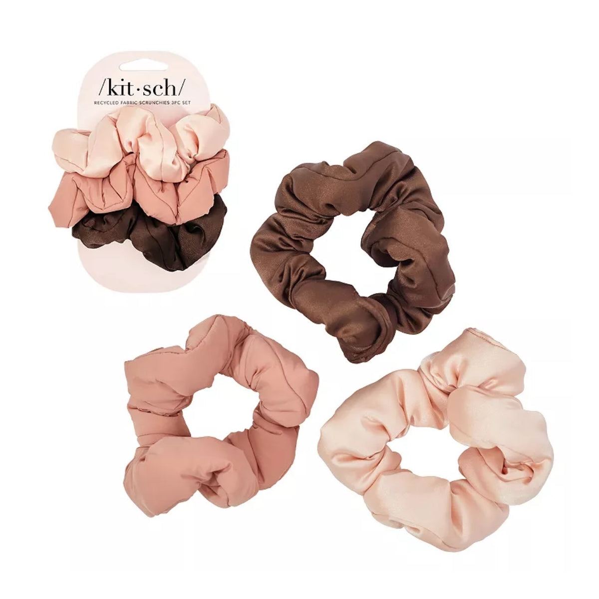 Kitsch Recycled Fabric Puffy Scrunchies 3pc Set - Rosewood