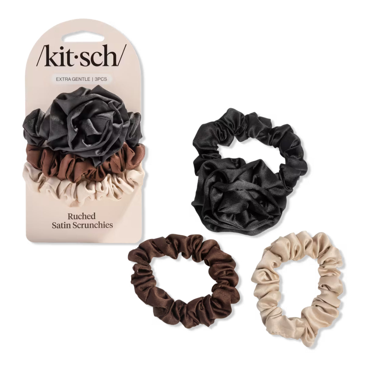 Kitsch Rosette Ruched Satin Scrunchies Black 3pc Set