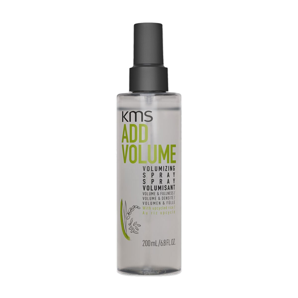 KMS Add Volume volumizing spray bottle, 200ml, clear liquid with black pump spray top, front-facing product shot.