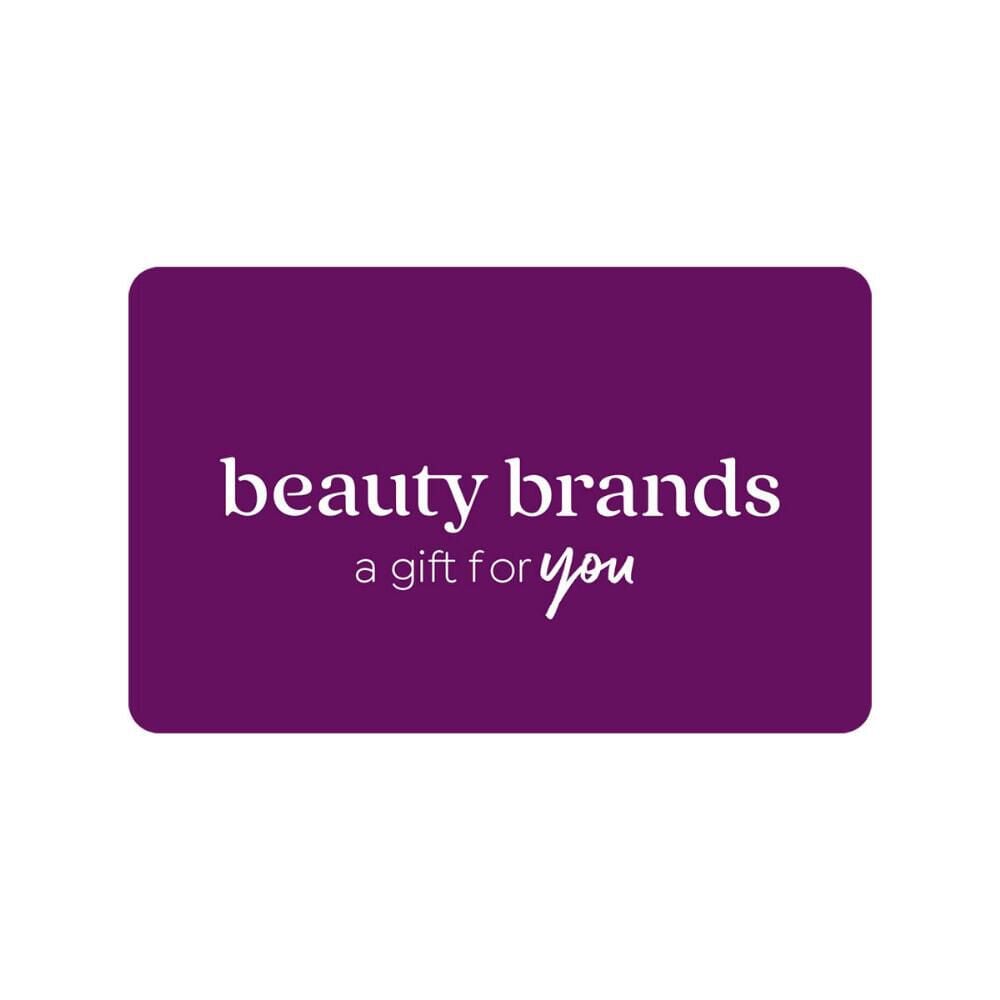 Purple rounded rectangle gift card with white text reading "beauty brands" and "a gift for you